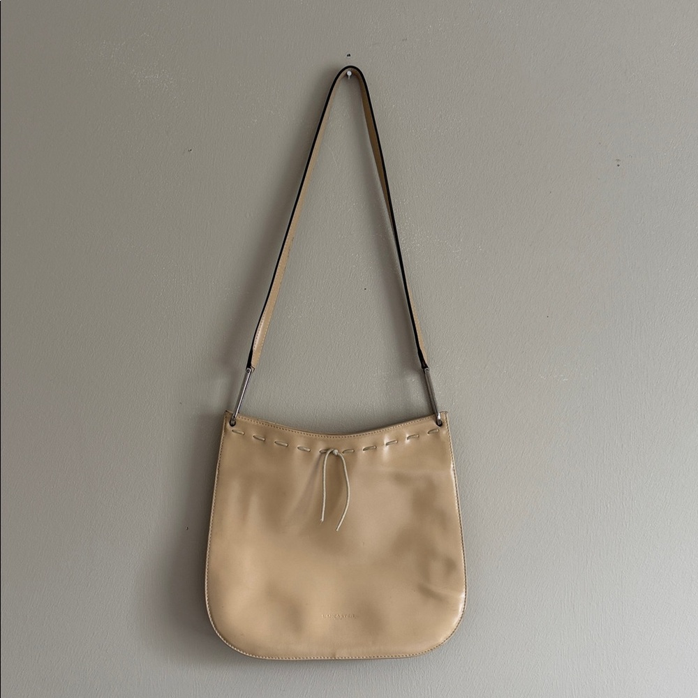 Vintage Lancaster Paris Neutral Beige Shoulder Bag with Drawstring Detail